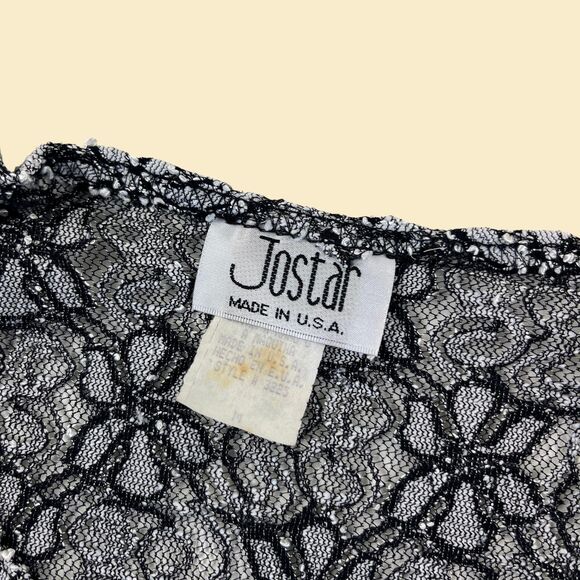 Vintage 70s/80s M lace floral blouse by Jostar, black & white sheer crew-neck - Picture 3 of 9